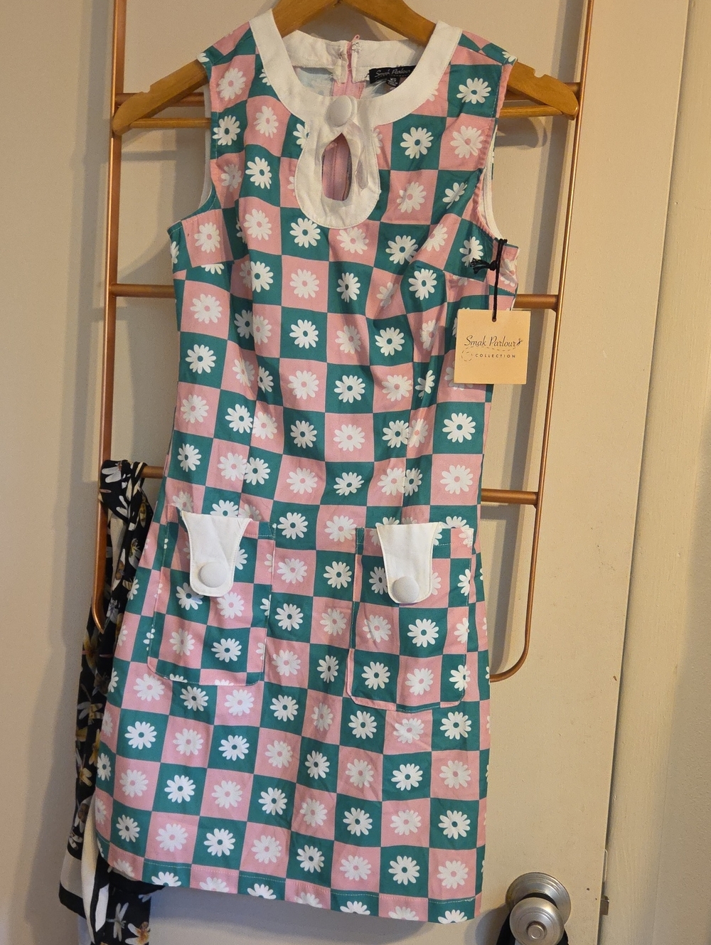 Smak Parlour Unique Vintage Pink & Green Retro Daisy Check Shift Dress